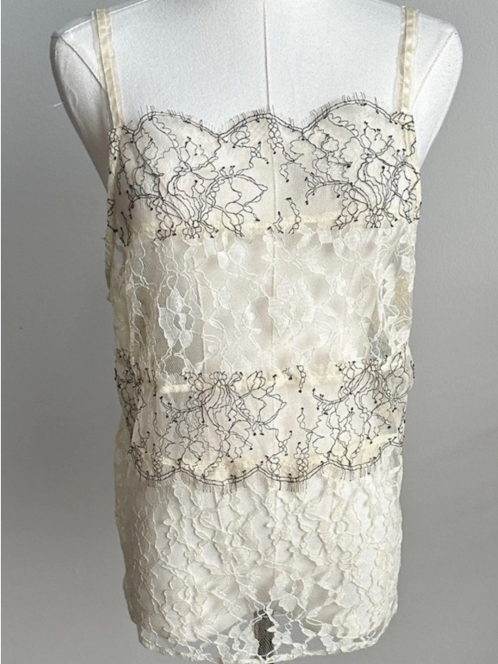 Anthropologie Lace Camisole Top XL Cream Black Sheer Romantic Coquette